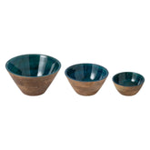 Set Van 3 Schalen Mangohout Petrol/Naturel van J-Line, de complete set met alle drie de schalen naast elkaar op witte achtergrond