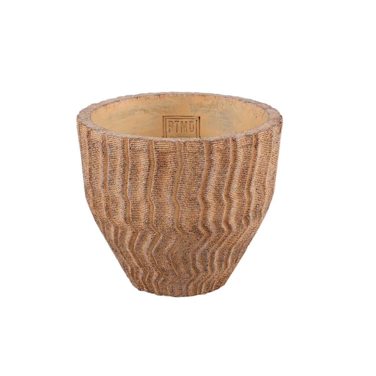 Zanaya pot medium van geribbeld cement in lichtbruin, PTMD, 13cm hoog