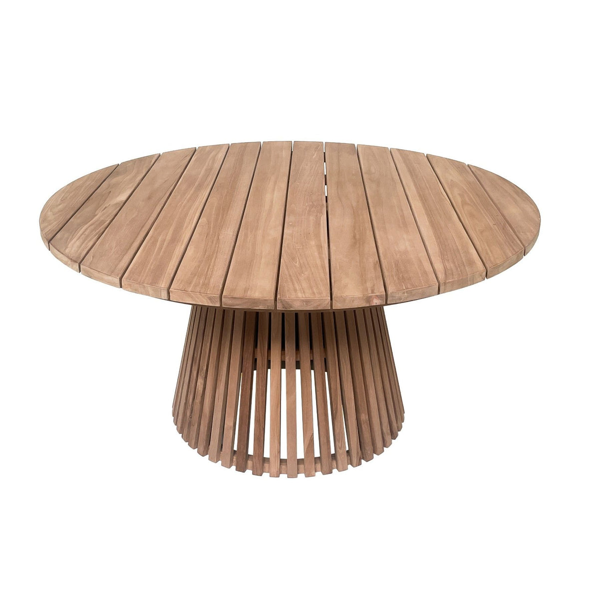 Bovenaanzicht van het teakhouten blad van de tuintafel Cindo Ø120cm