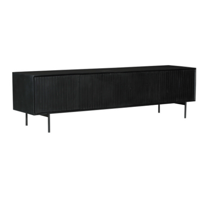 Close-up van de zwarte lak en de houtnerf in het blad van het Madison tv meubel
