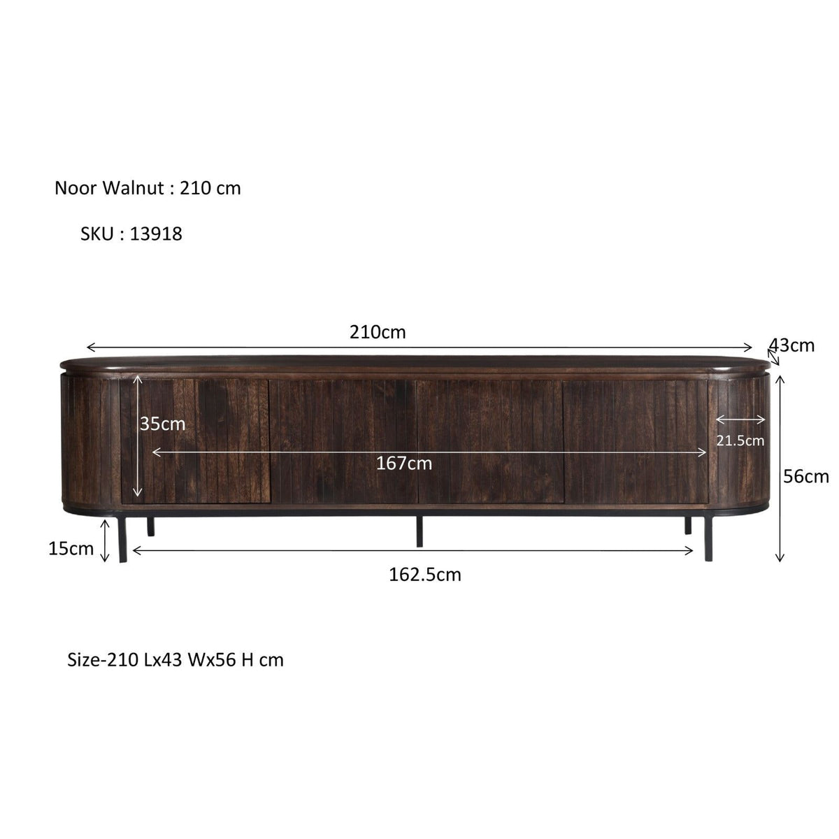 Maatschets van het Noor tv-meubel met afmetingen 210 bij 43 bij 56 cm