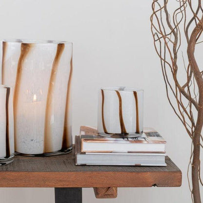 Windlicht Strepen Safari Glas Wit/Bruin Large - Windlicht - J-Line - livinglovely.nl